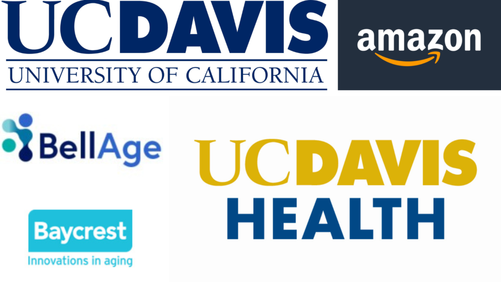 Collage of logos for UC Davis, Amazon, Bell Age, Baycrest, and UC Davis Health